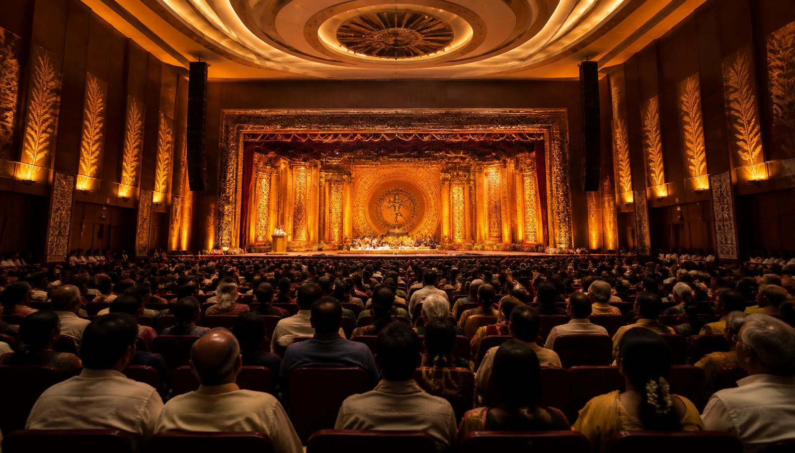 A full auditorium gathered for an evening discourse